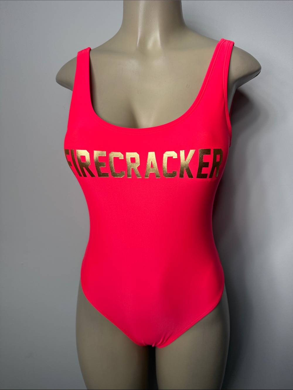 Xhilaration Neon Orange One-Piece Swimsuit with Gold FIRECRACKER Logo